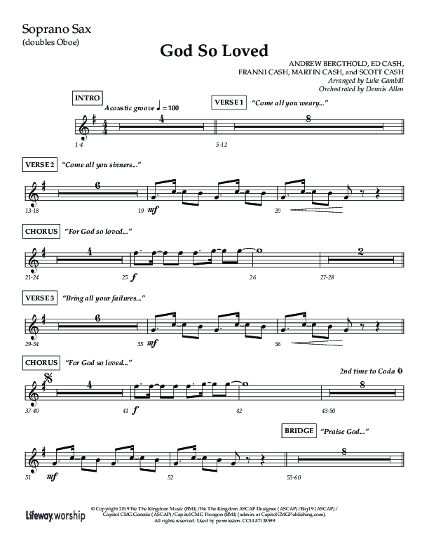 God So Loved (Choir Edition / Sing It Now) Soprano Sax (Lifeway Choral / Arr. Luke Gambill / Orch. Dennis Allen)