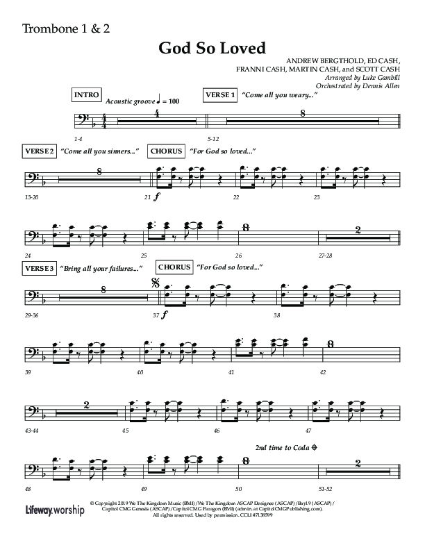 God So Loved (Choir Edition / Sing It Now) Trombone 1/2 (Lifeway Choral / Arr. Luke Gambill / Orch. Dennis Allen)