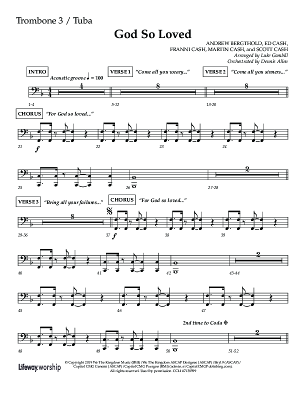 God So Loved (Choir Edition / Sing It Now) Trombone 3/Tuba (Lifeway Choral / Arr. Luke Gambill / Orch. Dennis Allen)