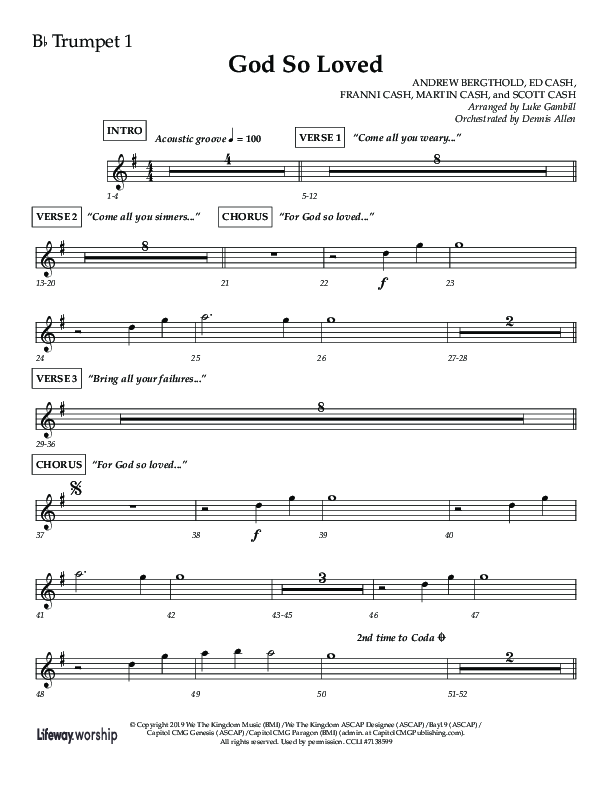 God So Loved (Choir Edition / Sing It Now) Trumpet 1 (Lifeway Choral / Arr. Luke Gambill / Orch. Dennis Allen)