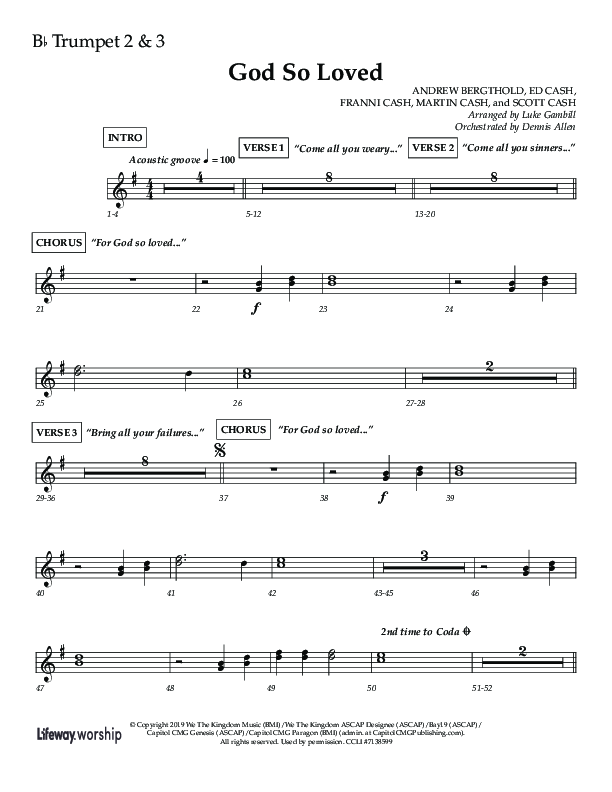God So Loved (Choir Edition / Sing It Now) Trumpet 2/3 (Lifeway Choral / Arr. Luke Gambill / Orch. Dennis Allen)