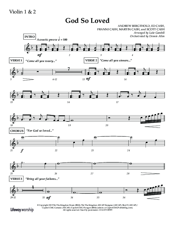 God So Loved (Choir Edition / Sing It Now) Violin 1/2 (Lifeway Choral / Arr. Luke Gambill / Orch. Dennis Allen)
