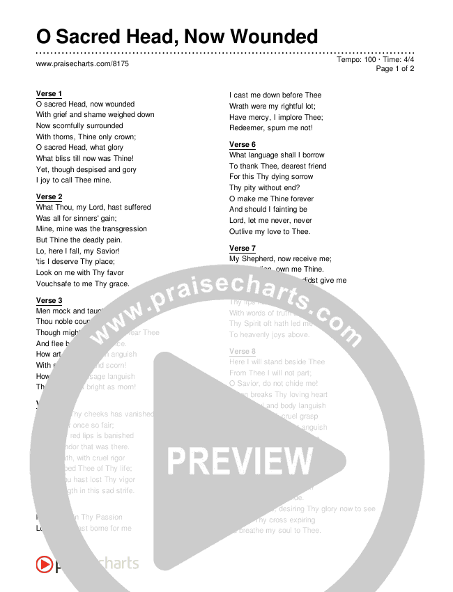 O Sacred Head, Now Wounded Lyrics (Traditional Hymn)