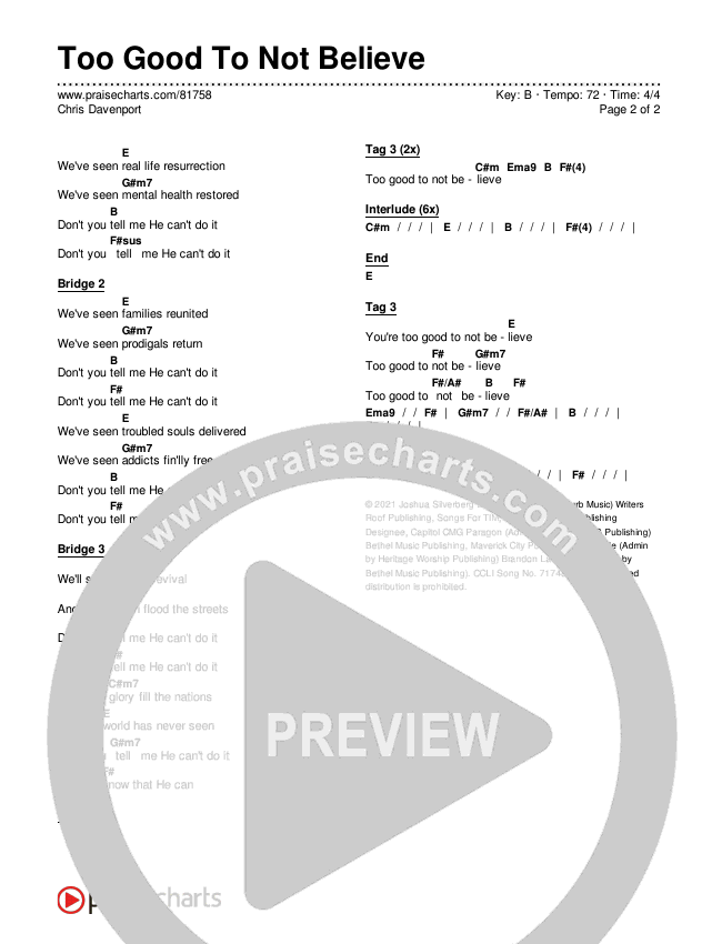 Too Good To Not Believe Chords & Lyrics (Chris Davenport)