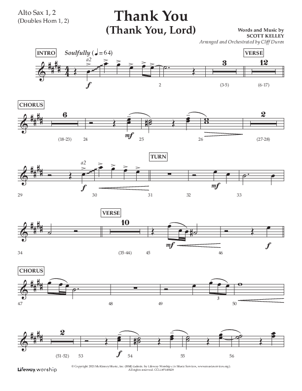 Thank You (Thank You Lord) (Choral Anthem SATB) Alto Sax 1/2 (Lifeway Choral / Arr. Cliff Duren)