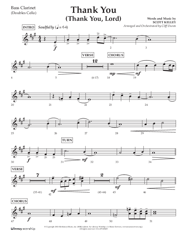 Thank You (Thank You Lord) (Choral Anthem SATB) Bass Clarinet (Lifeway Choral / Arr. Cliff Duren)