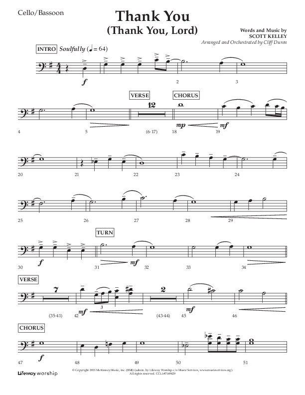 Thank You (Thank You Lord) (Choral Anthem SATB) Cello (Lifeway Choral / Arr. Cliff Duren)