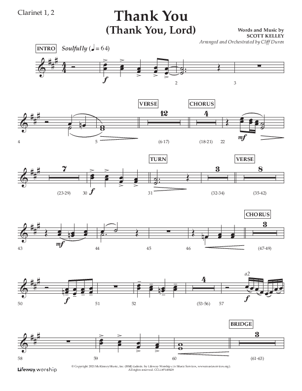 Thank You (Thank You Lord) (Choral Anthem SATB) Clarinet 1/2 (Lifeway Choral / Arr. Cliff Duren)