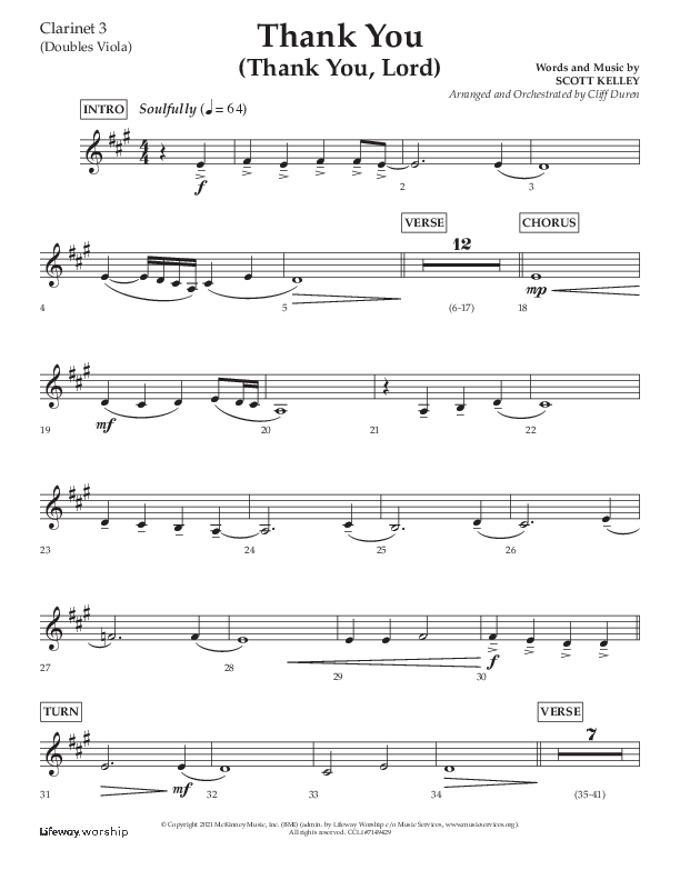 Thank You (Thank You Lord) (Choral Anthem SATB) Clarinet 3 (Lifeway Choral / Arr. Cliff Duren)