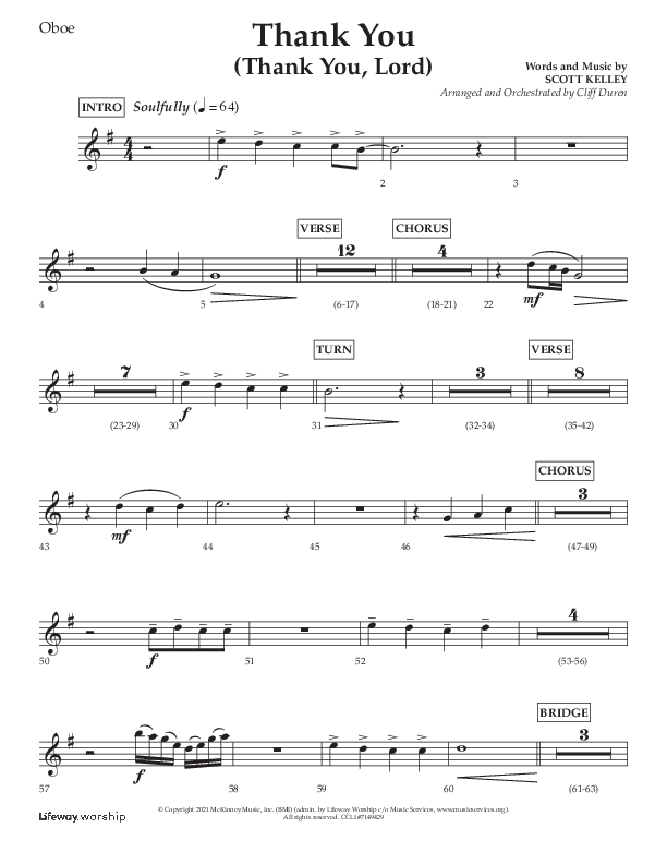 Thank You (Thank You Lord) (Choral Anthem SATB) Oboe (Lifeway Choral / Arr. Cliff Duren)