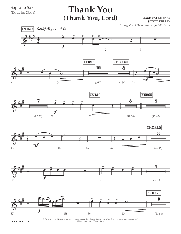 Thank You (Thank You Lord) (Choral Anthem SATB) Soprano Sax (Lifeway Choral / Arr. Cliff Duren)