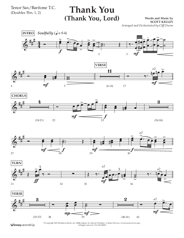 Thank You (Thank You Lord) (Choral Anthem SATB) Tenor Sax/Baritone T.C. (Lifeway Choral / Arr. Cliff Duren)