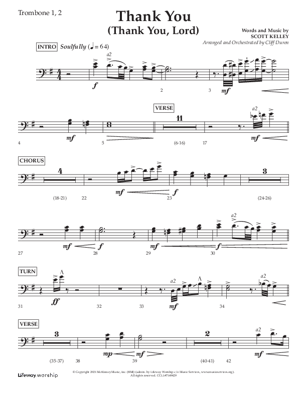 Thank You (Thank You Lord) (Choral Anthem SATB) Trombone 1/2 (Lifeway Choral / Arr. Cliff Duren)