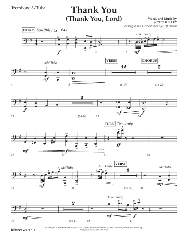 Thank You (Thank You Lord) (Choral Anthem SATB) Trombone 3/Tuba (Lifeway Choral / Arr. Cliff Duren)