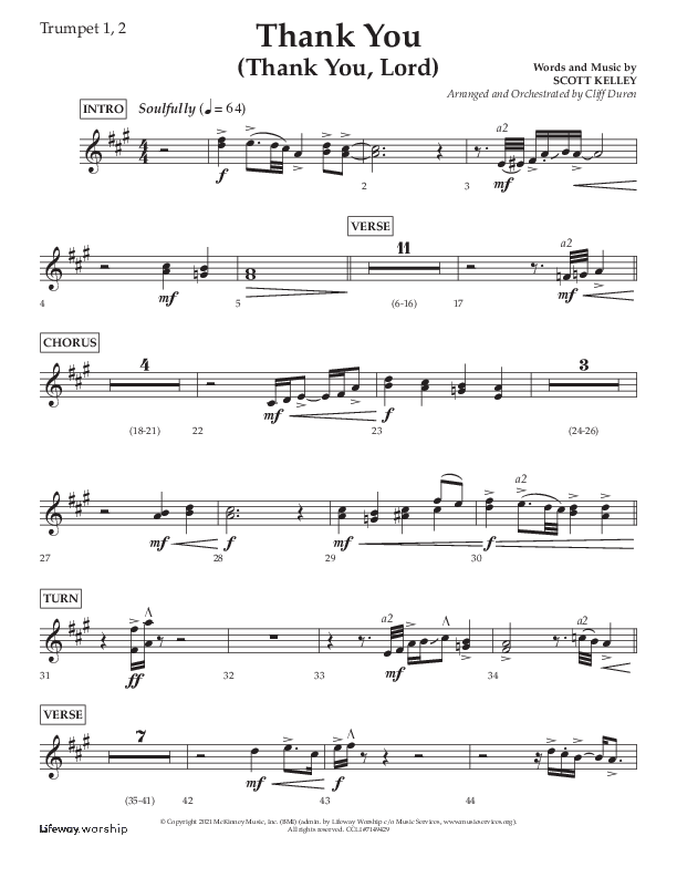 Thank You (Thank You Lord) (Choral Anthem SATB) Trumpet 1,2 (Lifeway Choral / Arr. Cliff Duren)