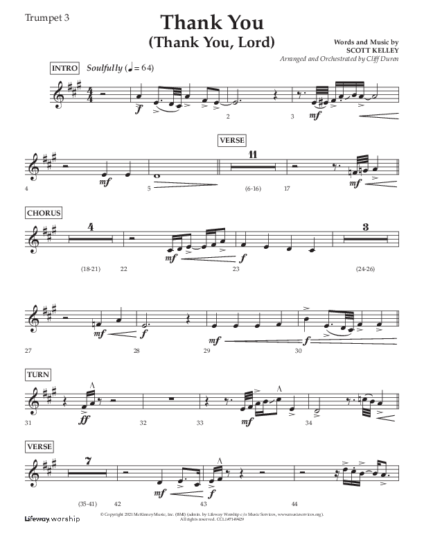 Thank You (Thank You Lord) (Choral Anthem SATB) Trumpet 3 (Lifeway Choral / Arr. Cliff Duren)