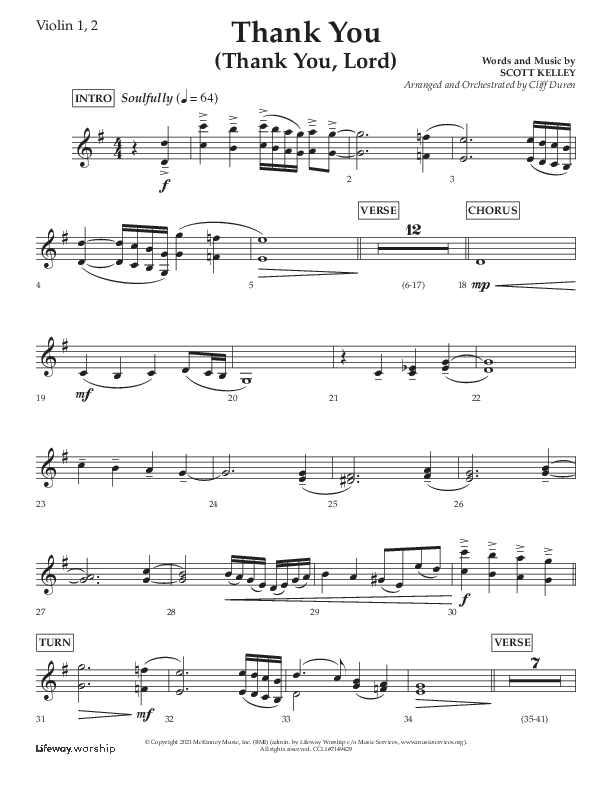 Thank You (Thank You Lord) (Choral Anthem SATB) Violin 1/2 (Lifeway Choral / Arr. Cliff Duren)