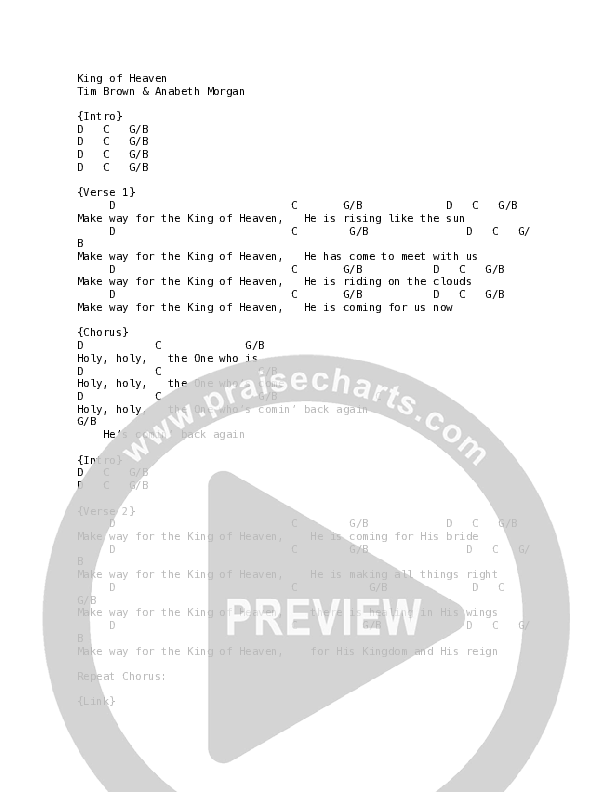 King Of Heaven (Live) Chord Chart (Vineyard Worship / Tim Brown / Anabeth Morgan)