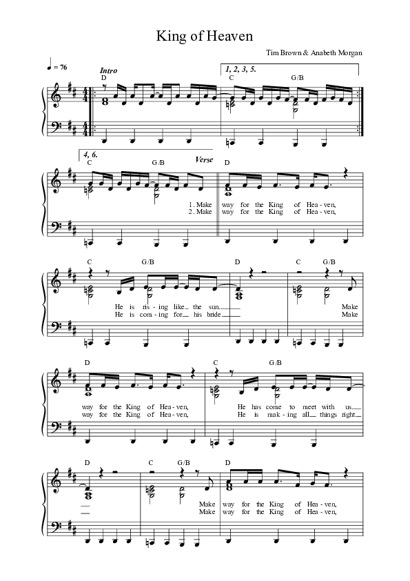 King Of Heaven (Live) Lead Sheet Melody (Vineyard Worship / Tim Brown / Anabeth Morgan)