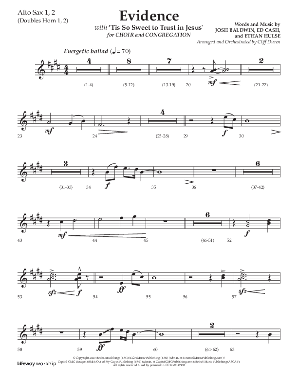 Evidence (with 'Tis So Sweet To Trust In Jesus) (Choral Anthem SATB) Alto Sax 1/2 (Lifeway Choral / Arr. Cliff Duren)