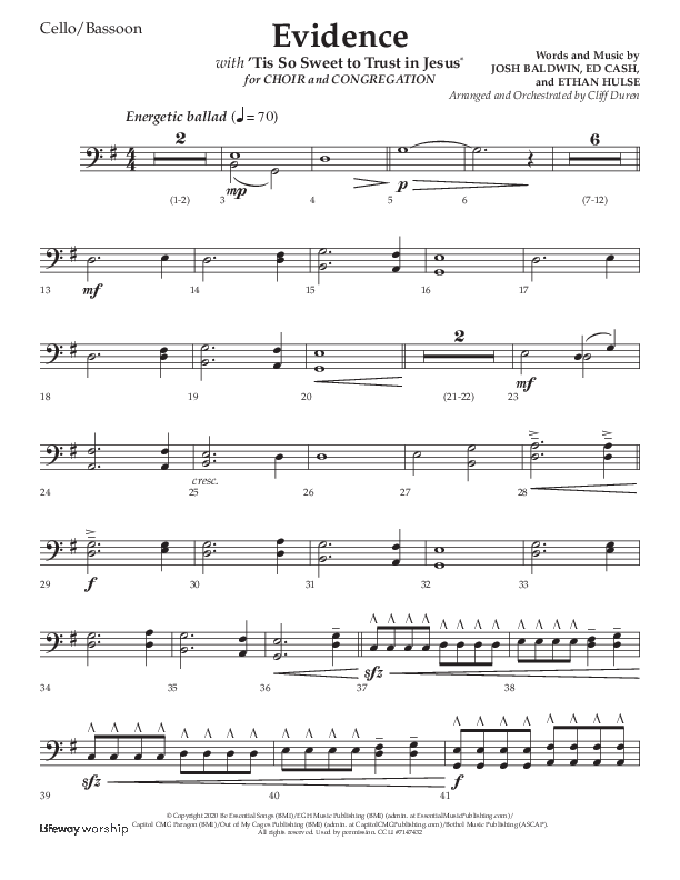Evidence (with 'Tis So Sweet To Trust In Jesus) (Choral Anthem SATB) Cello (Lifeway Choral / Arr. Cliff Duren)