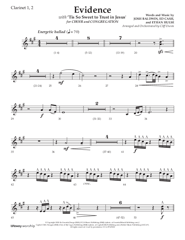 Evidence (with 'Tis So Sweet To Trust In Jesus) (Choral Anthem SATB) Clarinet 1/2 (Lifeway Choral / Arr. Cliff Duren)