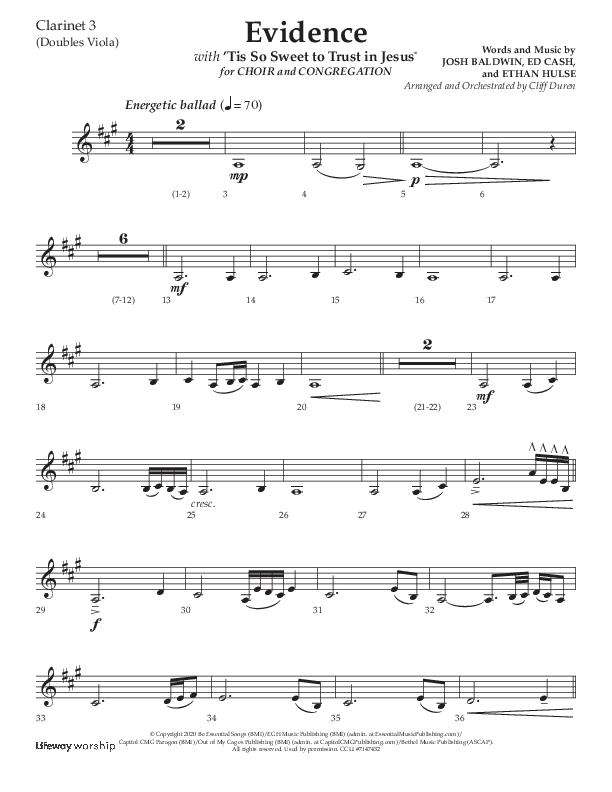 Evidence (with 'Tis So Sweet To Trust In Jesus) (Choral Anthem SATB) Clarinet 3 (Lifeway Choral / Arr. Cliff Duren)
