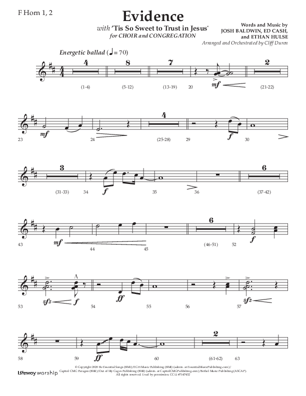 Evidence (with 'Tis So Sweet To Trust In Jesus) (Choral Anthem SATB) French Horn 1/2 (Lifeway Choral / Arr. Cliff Duren)