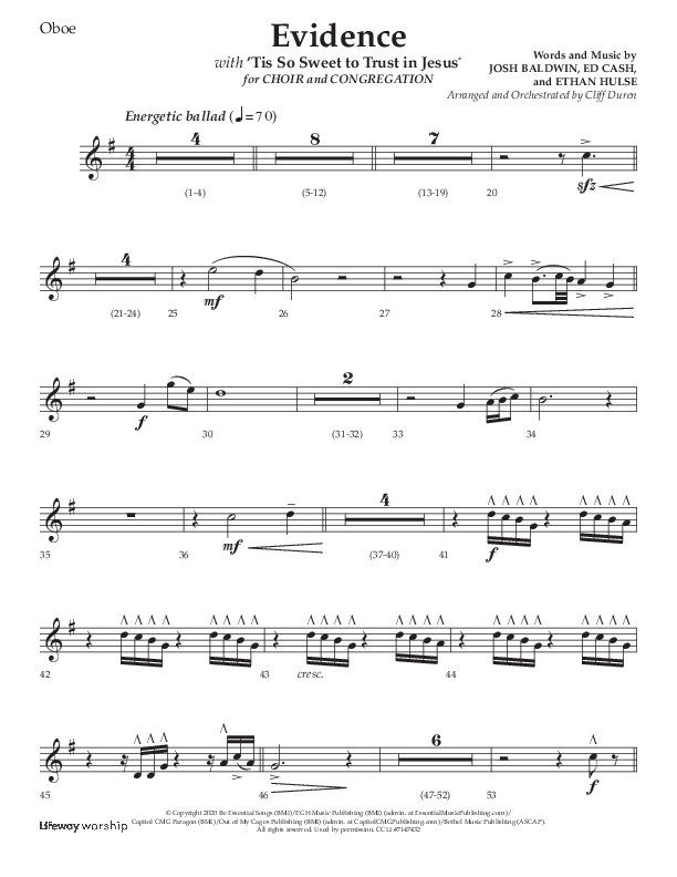 Evidence (with 'Tis So Sweet To Trust In Jesus) (Choral Anthem SATB) Oboe (Lifeway Choral / Arr. Cliff Duren)