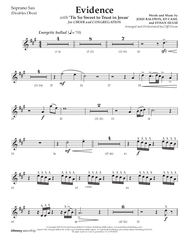 Evidence (with 'Tis So Sweet To Trust In Jesus) (Choral Anthem SATB) Soprano Sax (Lifeway Choral / Arr. Cliff Duren)