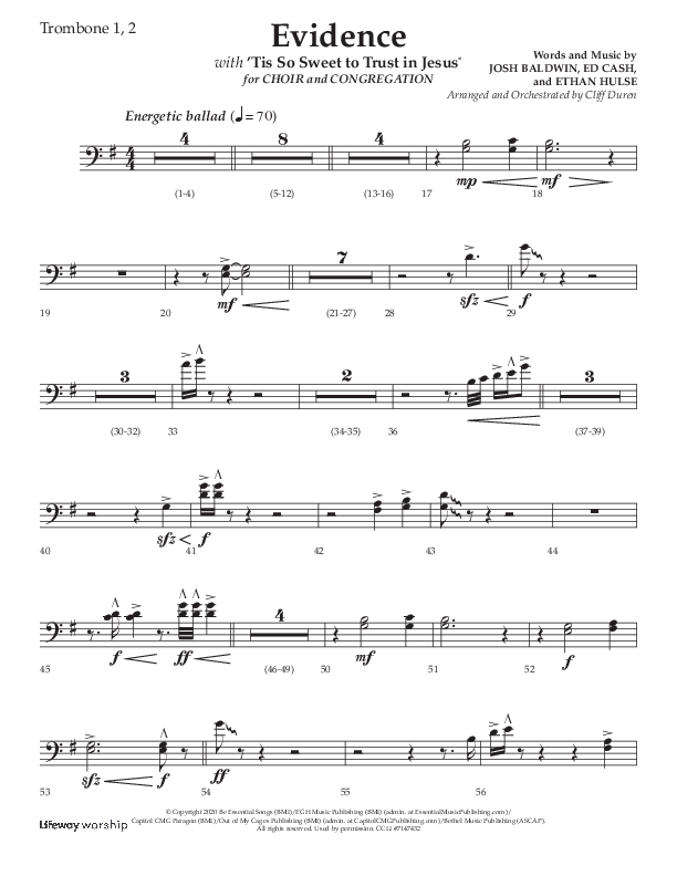 Evidence (with 'Tis So Sweet To Trust In Jesus) (Choral Anthem SATB) Trombone 1/2 (Lifeway Choral / Arr. Cliff Duren)