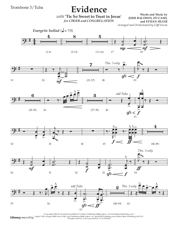 Evidence (with 'Tis So Sweet To Trust In Jesus) (Choral Anthem SATB) Trombone 3/Tuba (Lifeway Choral / Arr. Cliff Duren)