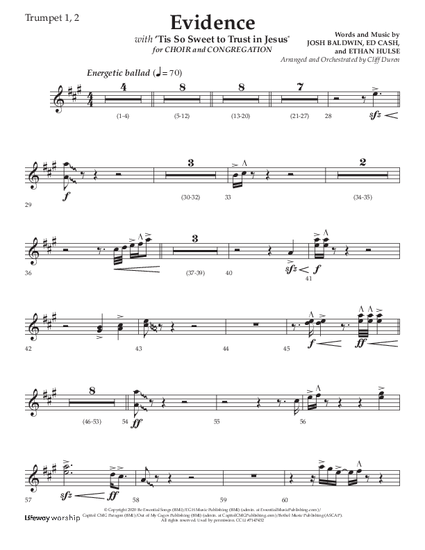 Evidence (with 'Tis So Sweet To Trust In Jesus) (Choral Anthem SATB) Trumpet 1,2 (Lifeway Choral / Arr. Cliff Duren)