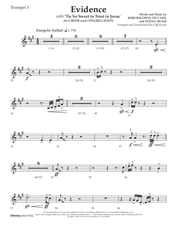 Evidence (with 'Tis So Sweet To Trust In Jesus) (Choral Anthem SATB) Trumpet 3 (Lifeway Choral / Arr. Cliff Duren)
