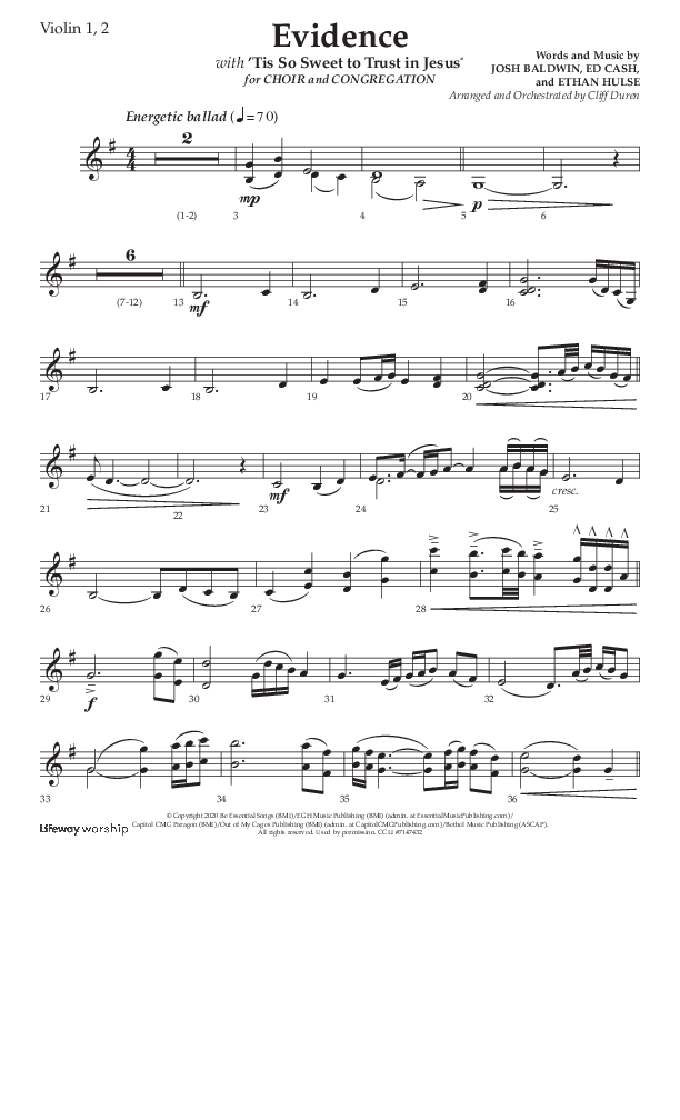 Evidence (with 'Tis So Sweet To Trust In Jesus) (Choral Anthem SATB) Violin 1/2 (Lifeway Choral / Arr. Cliff Duren)