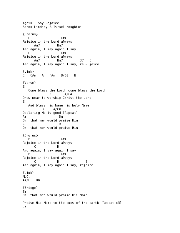 Again I Say Rejoice Chord Chart (Unified Sound / Jordan Houghton)
