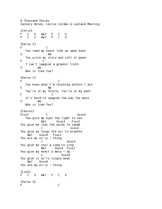 A Thousand Shores Chord Chart (Leslie Jordan)
