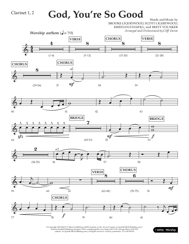 God You're So Good (Choral Anthem SATB) Clarinet 1/2 (Lifeway Choral / Arr. Cliff Duren)
