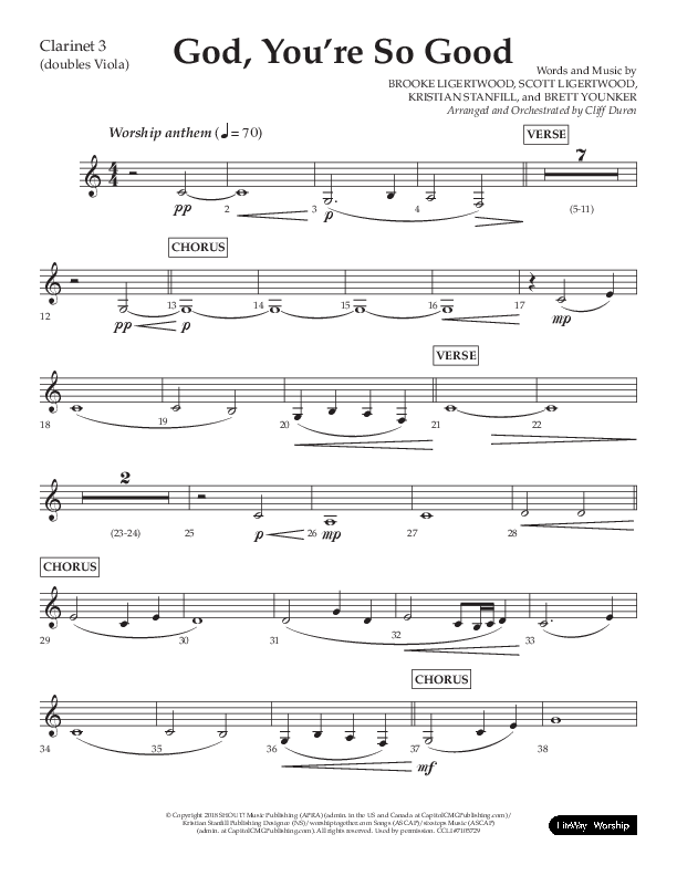 God You're So Good (Choral Anthem SATB) Clarinet 3 (Lifeway Choral / Arr. Cliff Duren)