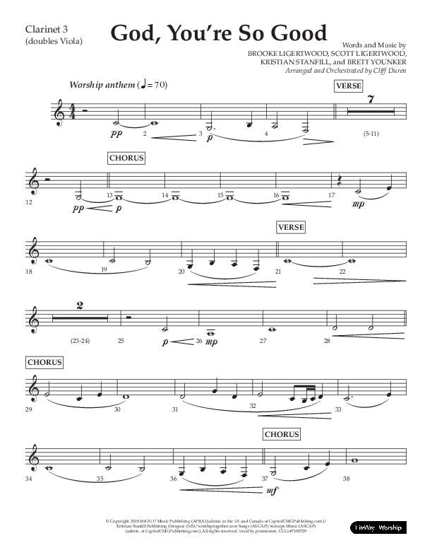 God You're So Good (Choral Anthem SATB) Clarinet 3 (Lifeway Choral / Arr. Cliff Duren)