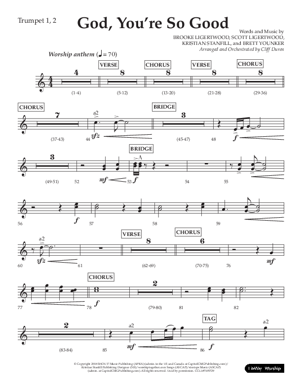 God You're So Good (Choral Anthem SATB) Trumpet 1,2 (Lifeway Choral / Arr. Cliff Duren)