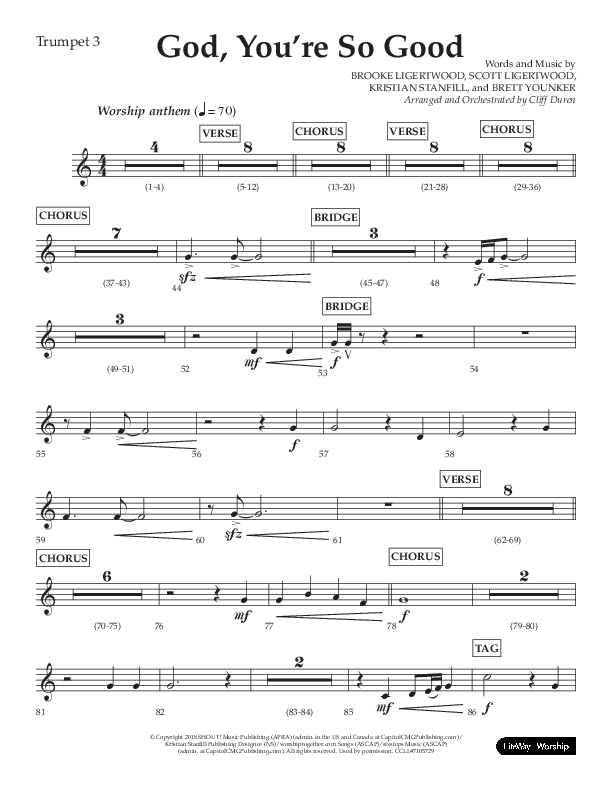 God You're So Good (Choral Anthem SATB) Trumpet 3 (Lifeway Choral / Arr. Cliff Duren)