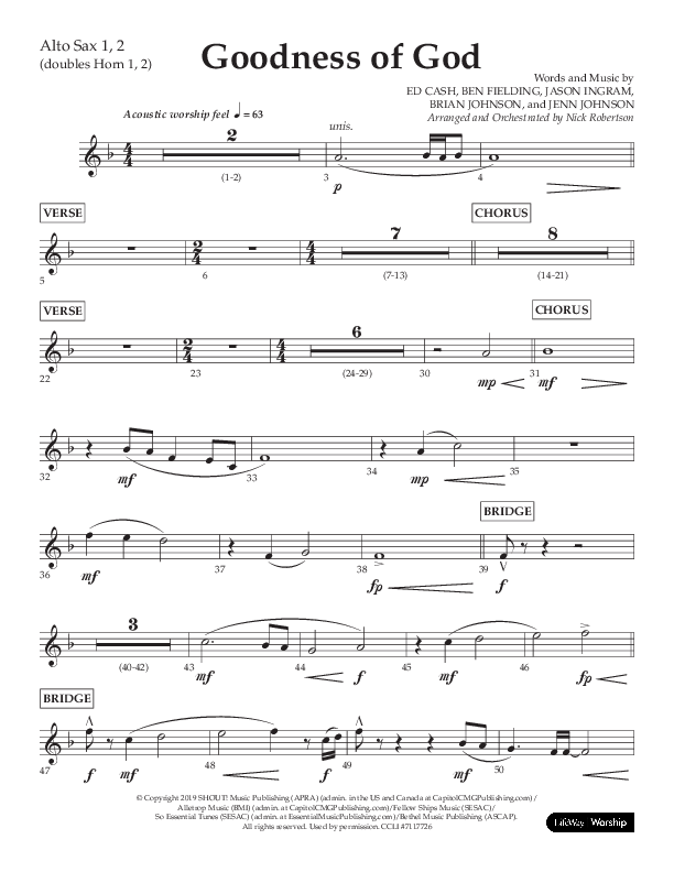 Goodness Of God (Choral Anthem SATB) Alto Sax 1/2 (Lifeway Choral / Arr. Nick Robertson)
