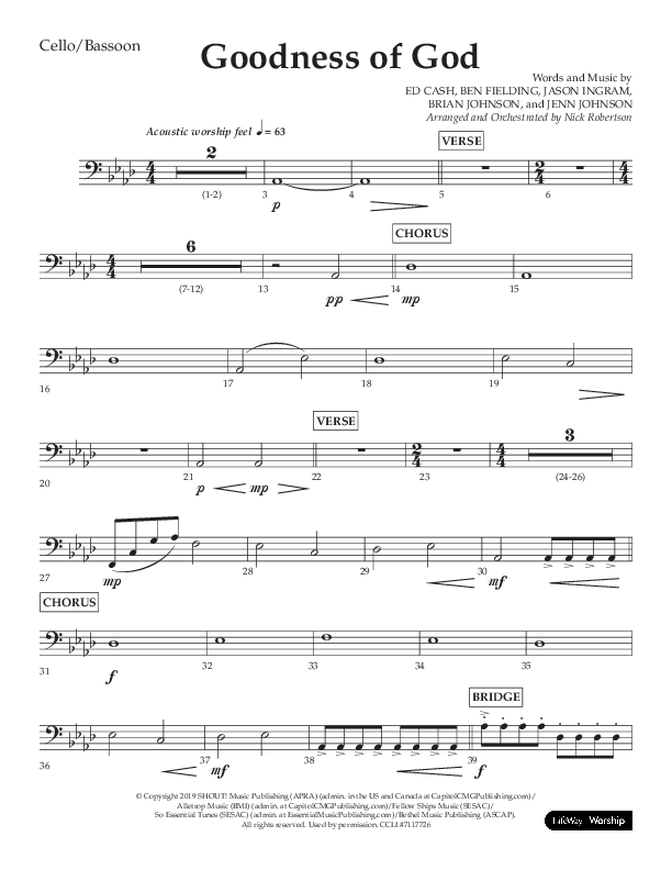 Goodness Of God (Choral Anthem SATB) Cello (Lifeway Choral / Arr. Nick Robertson)