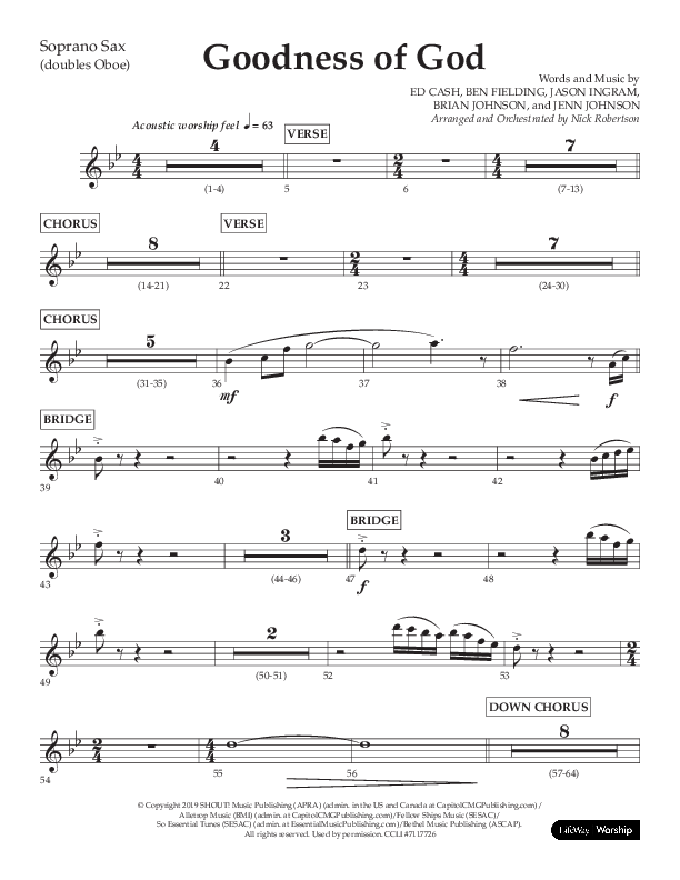 Goodness Of God (Choral Anthem SATB) Soprano Sax (Lifeway Choral / Arr. Nick Robertson)