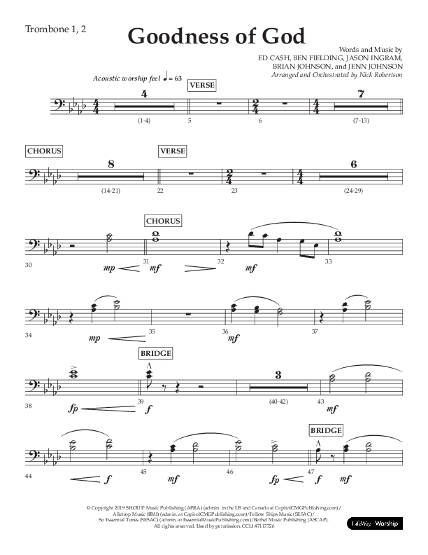 Goodness Of God (Choral Anthem SATB) Trombone 1/2 (Lifeway Choral / Arr. Nick Robertson)
