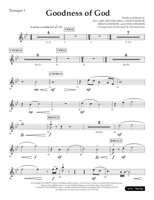 Goodness Of God (Choral Anthem SATB) Trumpet 1 (Lifeway Choral / Arr. Nick Robertson)
