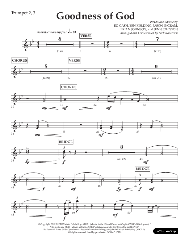 Goodness Of God (Choral Anthem SATB) Trumpet 2/3 (Lifeway Choral / Arr. Nick Robertson)