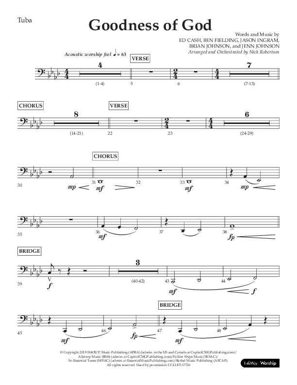 Goodness Of God (Choral Anthem SATB) Tuba (Lifeway Choral / Arr. Nick Robertson)