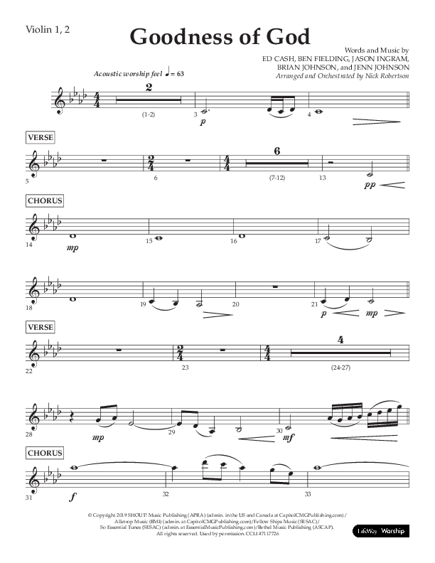 Goodness Of God (Choral Anthem SATB) Violin 1/2 (Lifeway Choral / Arr. Nick Robertson)